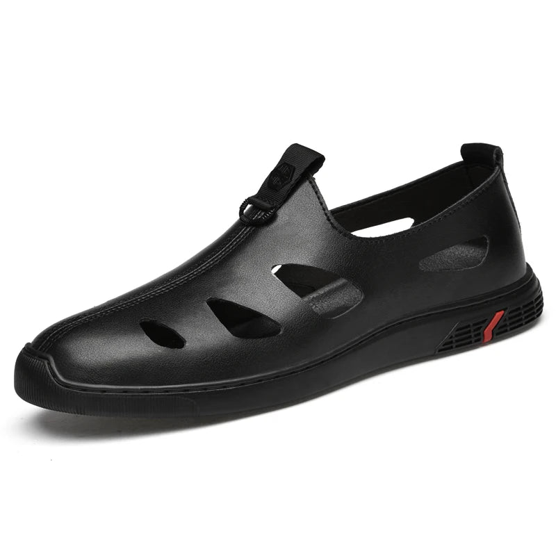 Men's Clogs Sandals Loafers Flats Outside Walking Beach Shoes Hollow Out Air Hole Leather Slip on Low-top Open-toe Breathable
