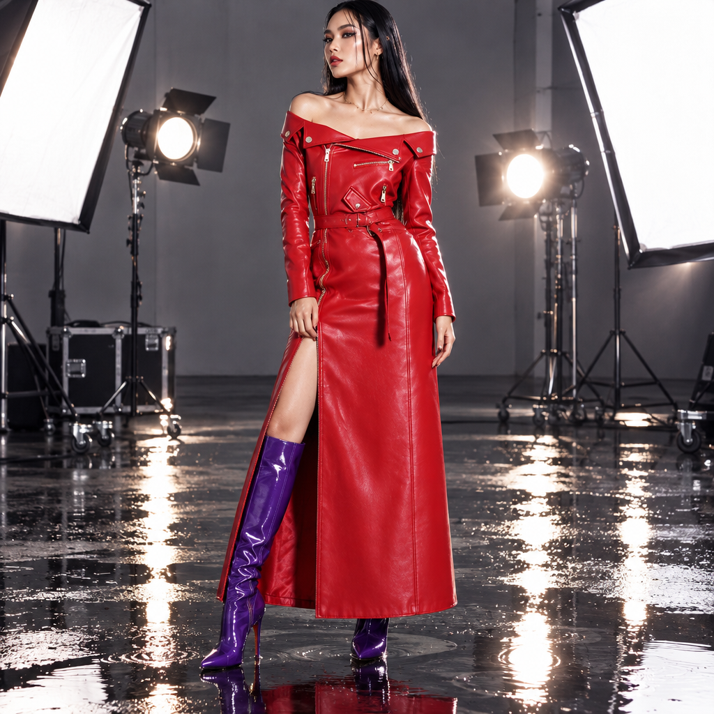 Spring Autumn Maxi Dresses for Women Slash Neck Red Black PU Leather Dress Women Long Sleeve Runway Elegant Dress