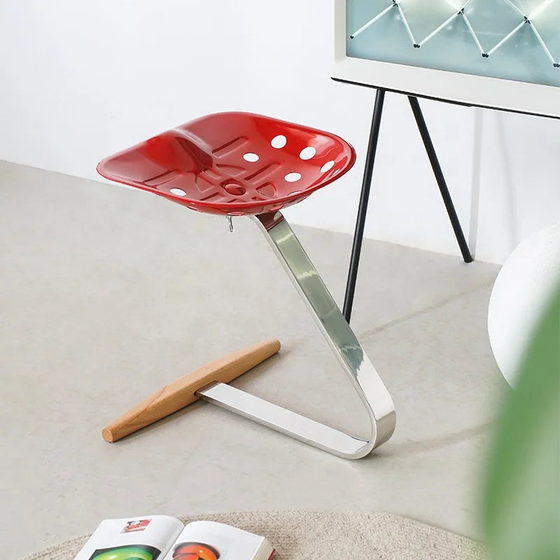 Cantilever-style Nordic Region Dining Stool Perforated Plastic Seat Polished Stainless Steel Frame Solid Wood Footrest Dining