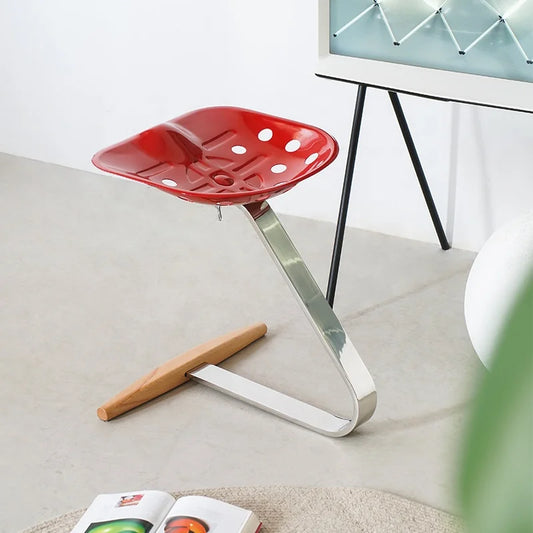 Cantilever-style Nordic Region Dining Stool Perforated Plastic Seat Polished Stainless Steel Frame Solid Wood Footrest Dining