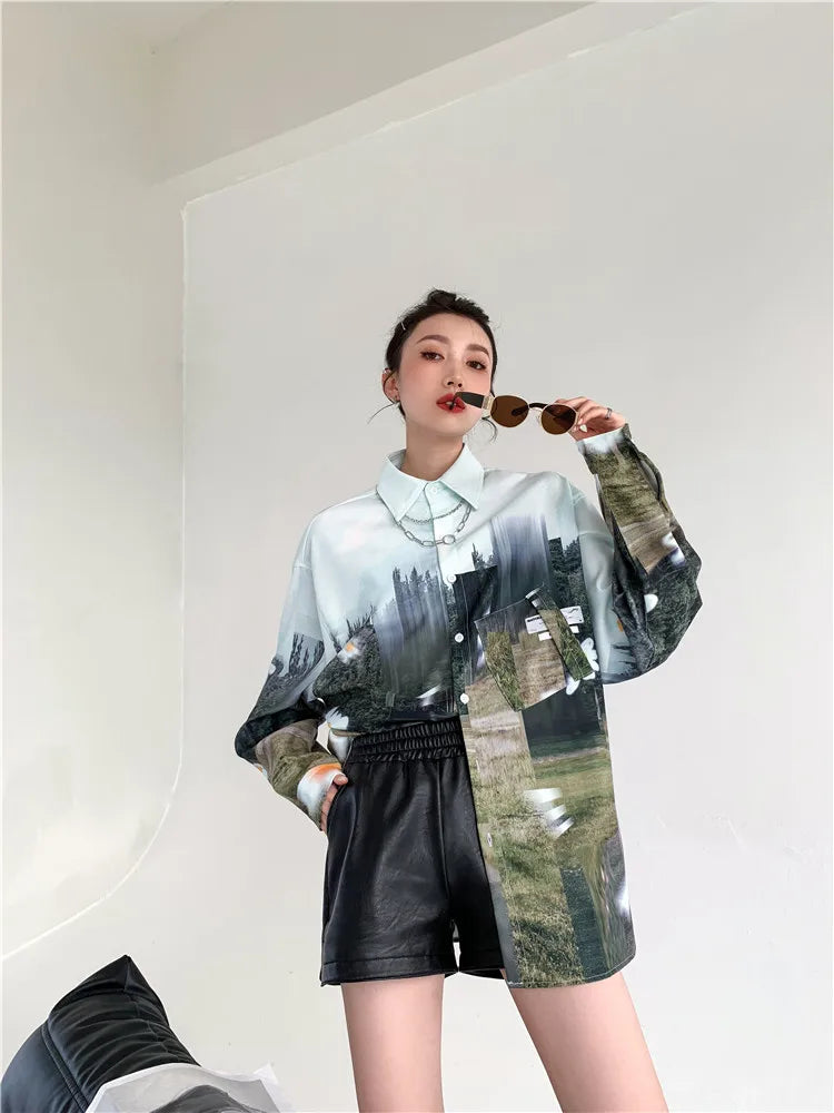 Oversized Women Blouses oil Printing shirts Harajuku Tops Long Sleeve Couple's Streetwear Blusas Mujer