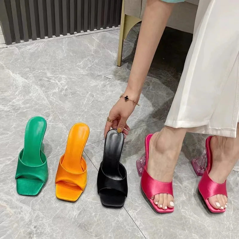 Ladies Wear Sandals on a Transparent Crystal Heel Heels  a Summer Women Open Toe Block Heel High Sandals Women's slippers