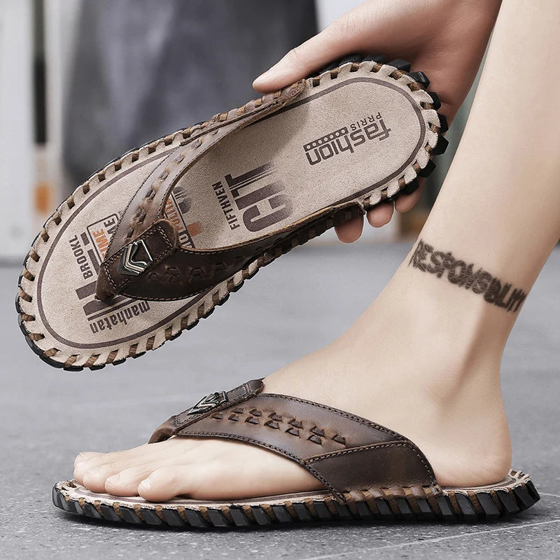 Durable Hand Stitched Men Casual Slippers Full Grain Cow Leather Soft Insole Anti Slip Summer Indoor Outside Slide Shoes