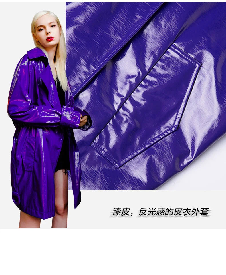 Nerazzurri Spring Autumn Purple Shiny Womens Patent Leather trench coat belt raglan sleeve Oversized soft runway long Overcoat