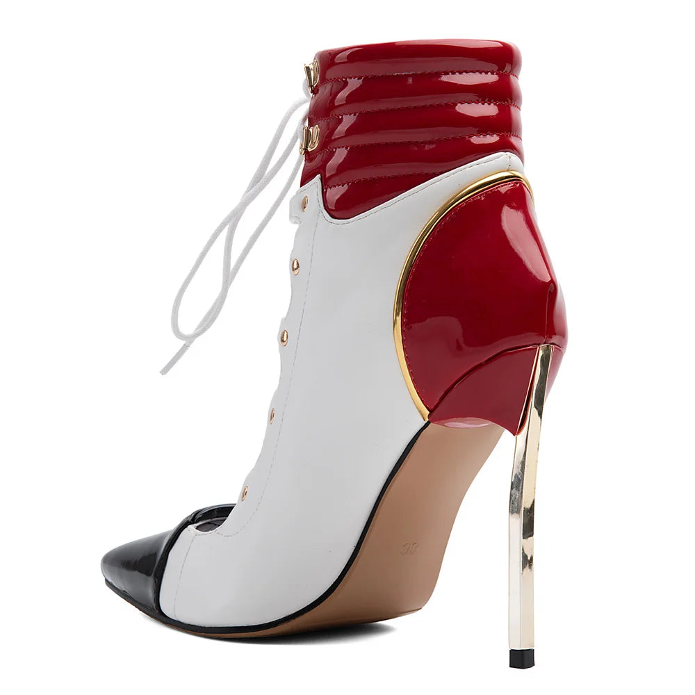 Women Stiletto Patchwork Sandals High Slim Metal Heels Ankle Boots Big Size 47 Front Cut Out Shoes Lace up Short Booties