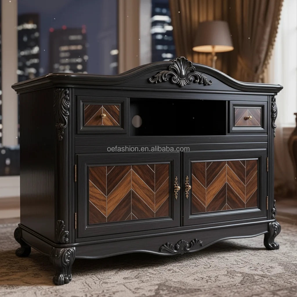 OE-FASHION French Neo-Classical Style Hand Carved Solid Wood Dining Server Chevron Veneer Credenza for Luxury Villa