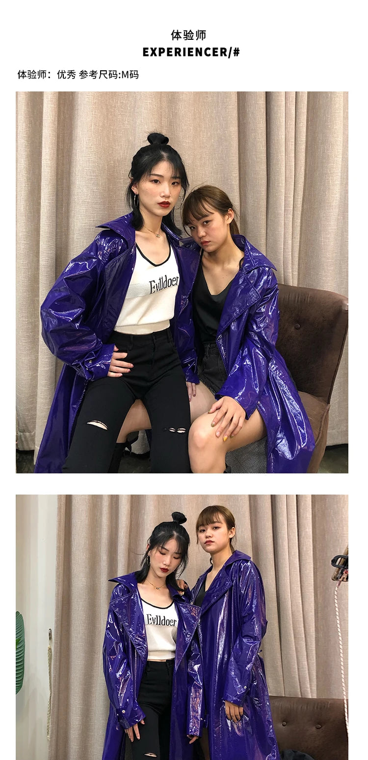 Nerazzurri Spring Autumn Purple Shiny Womens Patent Leather trench coat belt raglan sleeve Oversized soft runway long Overcoat