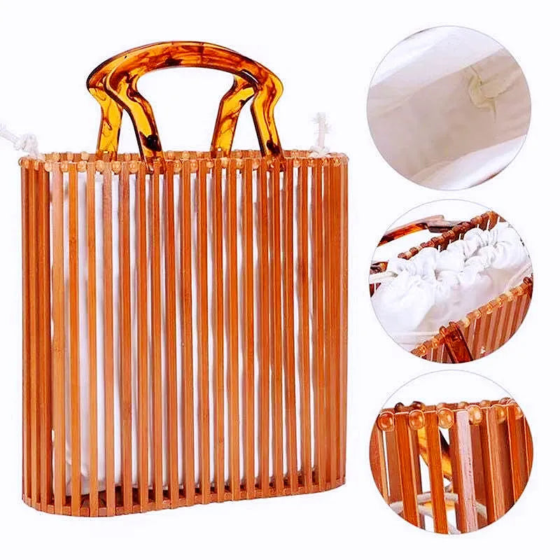 New Luxury Women Bags Designer Summer Acrylic Women Handbags Hollow Out Woven Bamboo Beach Basket Bag Bali Travel Bucket Handbag