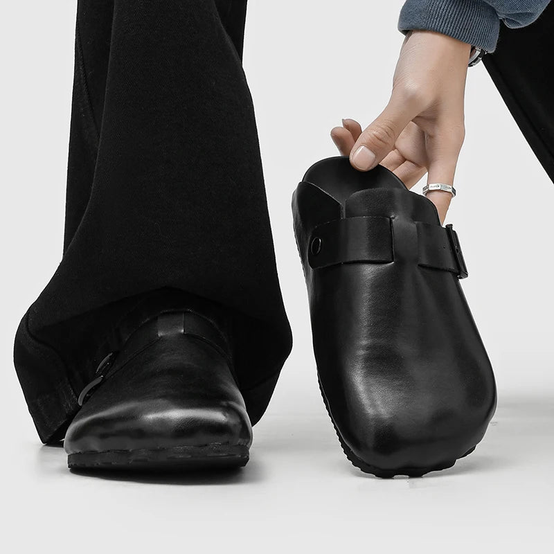 Men Women Soft Head Layer Leather Mules Thick Sole Minimalist Style Slip on