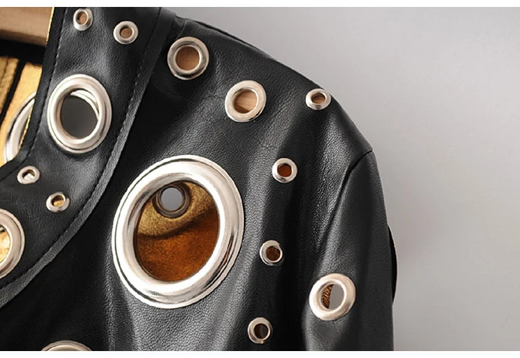 Rocker Runway Cut Out Short Faux Leather Jacket Golden Rivet Cool Stylish Designer Clothes Women European American Fashion 2022