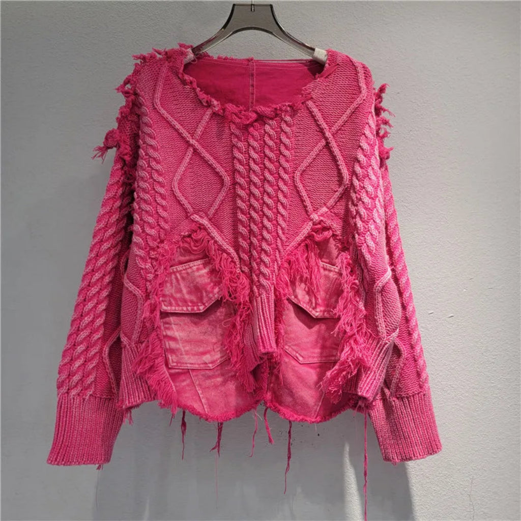 2026 Autumn New Fashionable Personalized Splicing Denim Round Neck Long Sleeve unisex Sweater