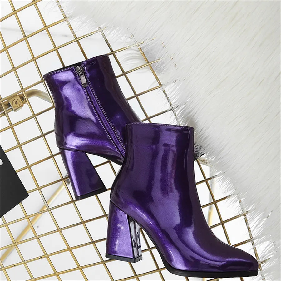 Silver Winter Women Ankle Boots Gold Mirror Patent Leather High Block Heel Party Office Lady Sexy Pointed Toe Zipper Short Plush
