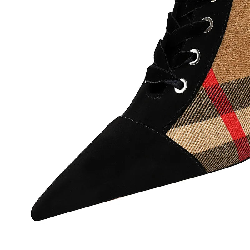2024 Women's Fashion 8cm High Heels Ankle Pumps Pointed Toe Lace up Casual Ladies Short Boots Waterproof for Autumn