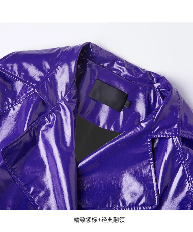Nerazzurri Spring Autumn Purple Shiny Womens Patent Leather trench coat belt raglan sleeve Oversized soft runway long Overcoat
