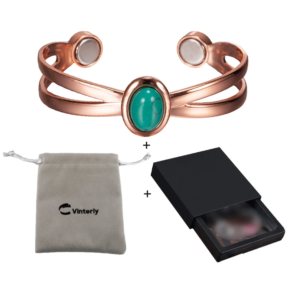 Magnetic Copper Bracelets for Women Blue Stone Adjustable Cuff Copper Magnetic Bracelet Arthritis Cross Healing Energy Bangle