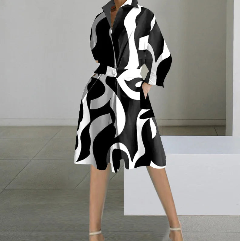 S-XXL Women's Casual Mid-Length Dress New Fashion Long-Sleeved V Neck Dot Pattern Hot Style for Ebay Aliexpress Wish for Autumn