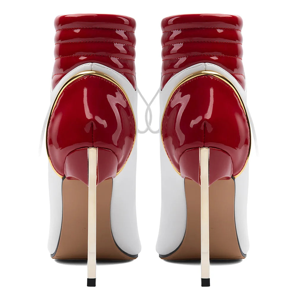 Women Stiletto Patchwork Sandals High Slim Metal Heels Ankle Boots Big Size 47 Front Cut Out Shoes Lace up Short Booties