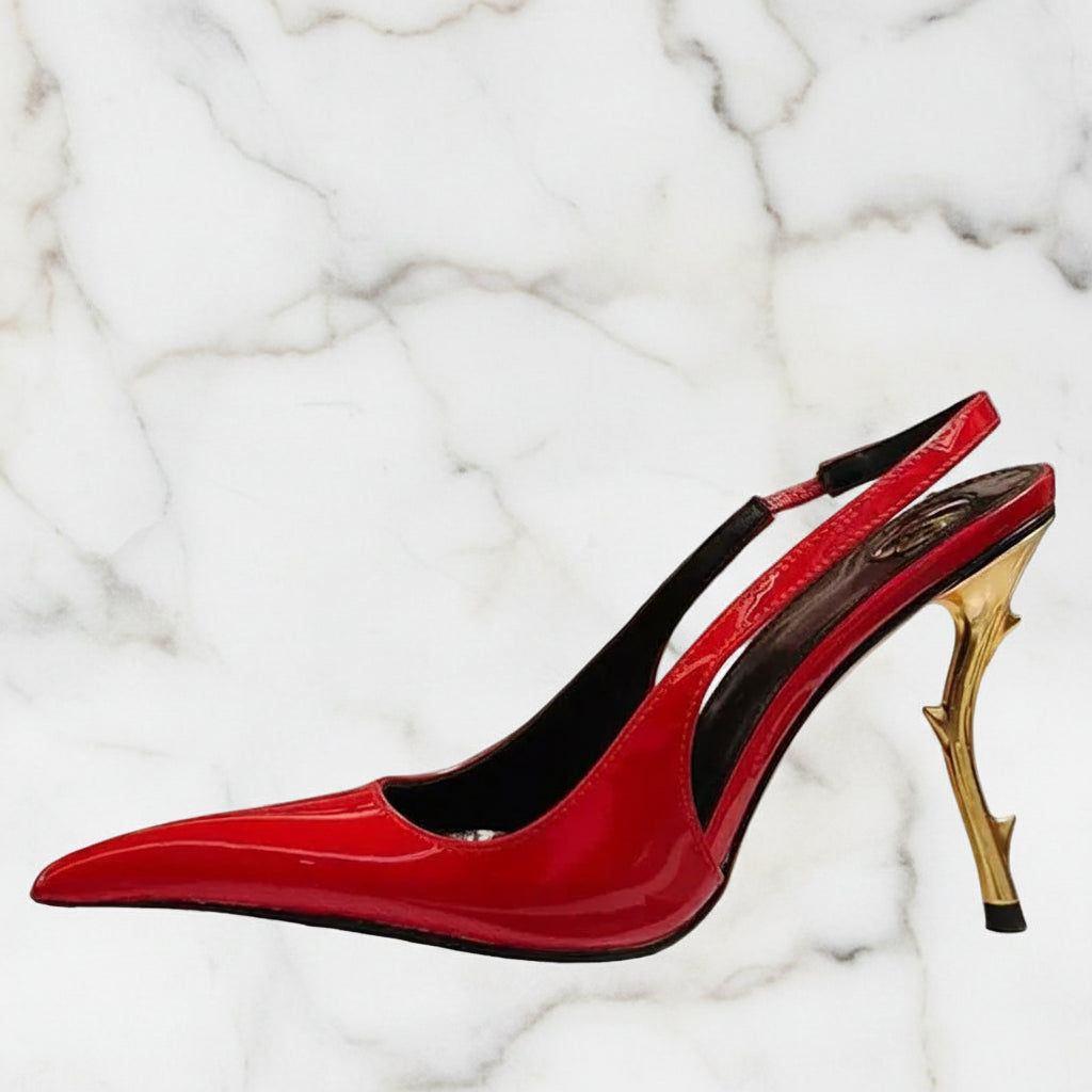 Slingback Women Back Strap Gold Strange Heels on  Pumps Patent Dress Sandals Pointed Toe Shoes