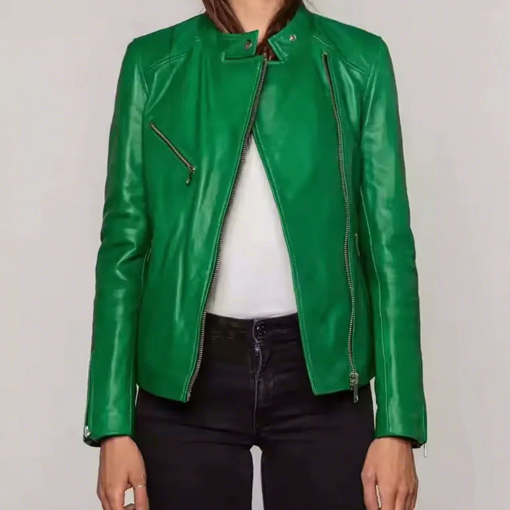 Womens Real Green Leather Biker Jacket Asymmetric Zip Stand Collar Sheepskin Coat Zipper Pockets Slim Fit Custom Outwear Look