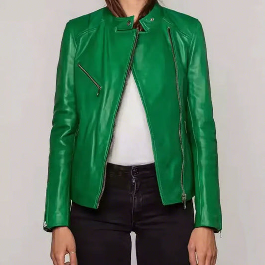 Womens Real Green Leather Biker Jacket Asymmetric Zip Stand Collar Sheepskin Coat Zipper Pockets Slim Fit Custom Outwear Look