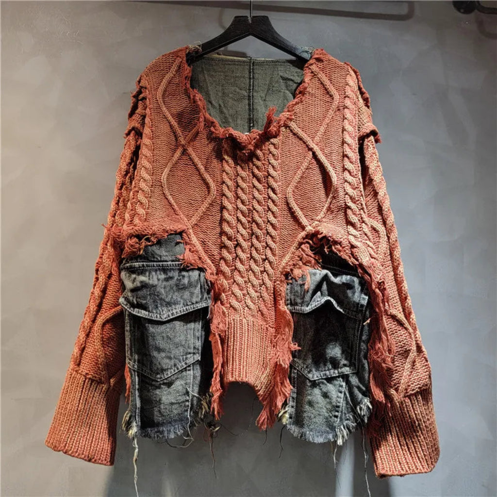 2026 Autumn New Fashionable Personalized Splicing Denim Round Neck Long Sleeve unisex Sweater