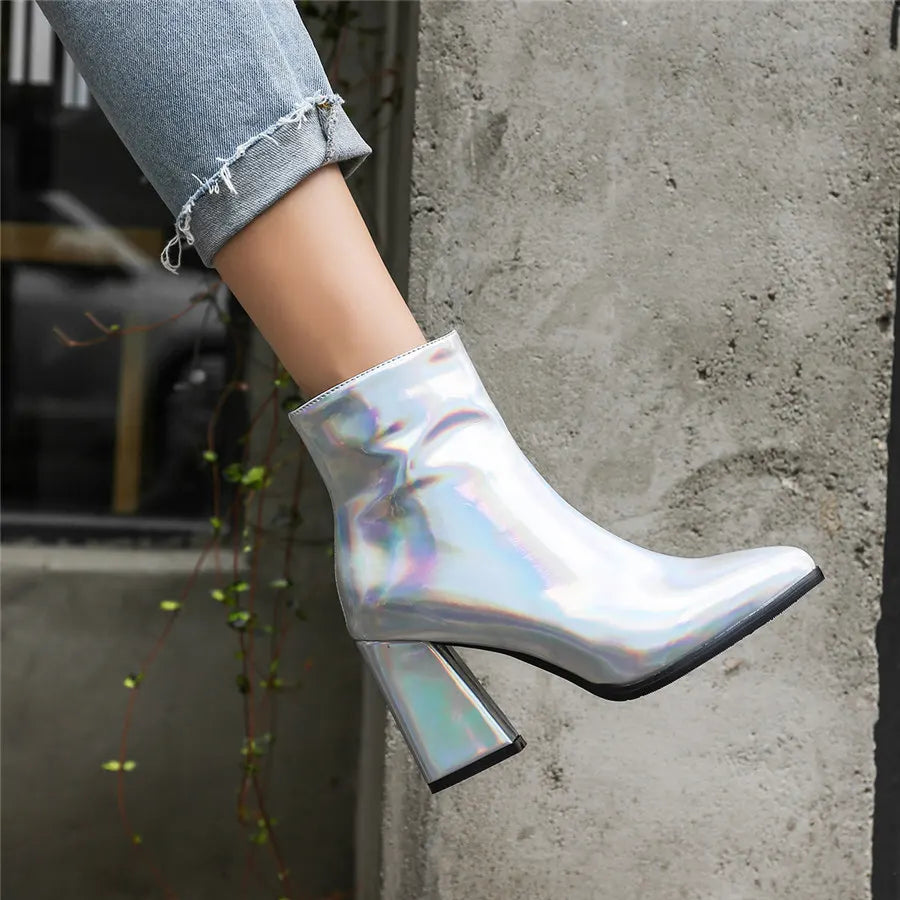 Silver Winter Women Ankle Boots Gold Mirror Patent Leather High Block Heel Party Office Lady Sexy Pointed Toe Zipper Short Plush