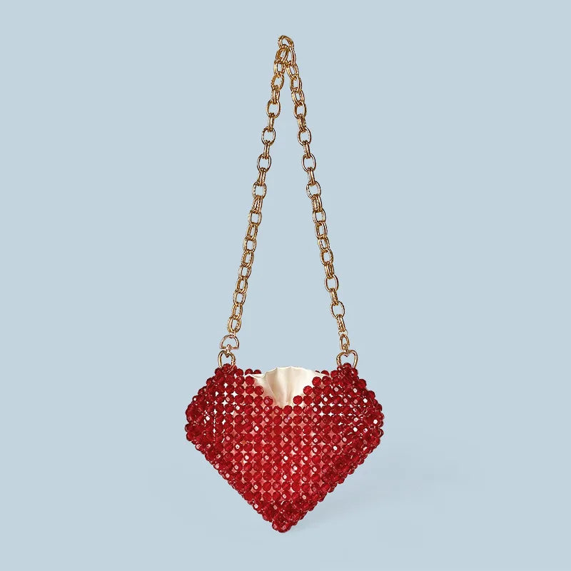 New French Casual Socialite Temperament Love Heart Jelly Beads Crossbody Bag High-end Bead Woven Red Heart-shaped Acrylic Bag
