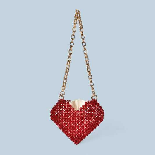New French Casual Socialite Temperament Love Heart Jelly Beads Crossbody Bag High-end Bead Woven Red Heart-shaped Acrylic Bag