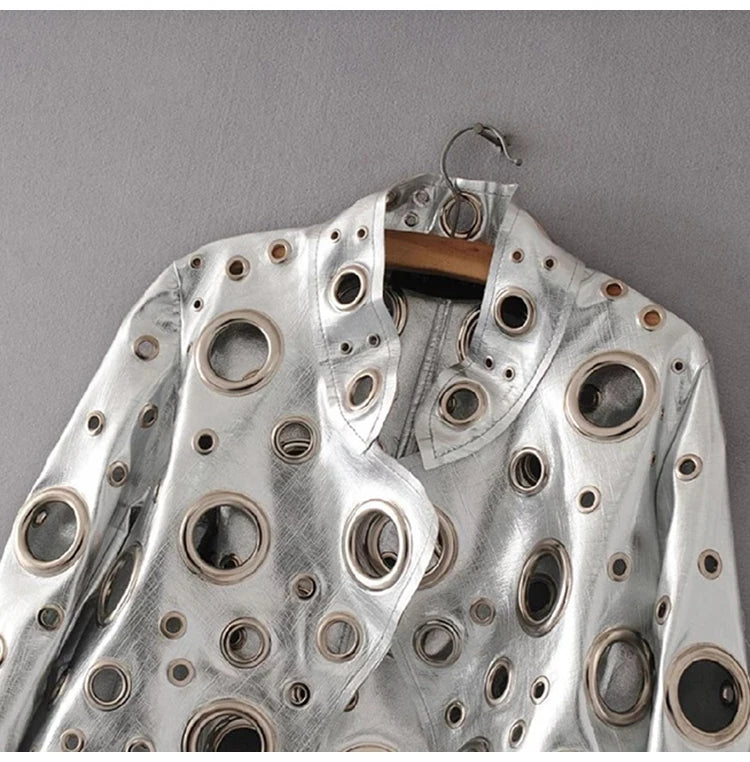 Rocker Runway Cut Out Short Faux Leather Jacket Golden Rivet Cool Stylish Designer Clothes Women European American Fashion 2022