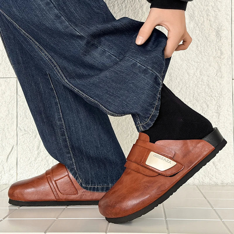 Men Women Leather Upper Flat Casual Slip-on Mules Closed Toe Half Slippers Spring