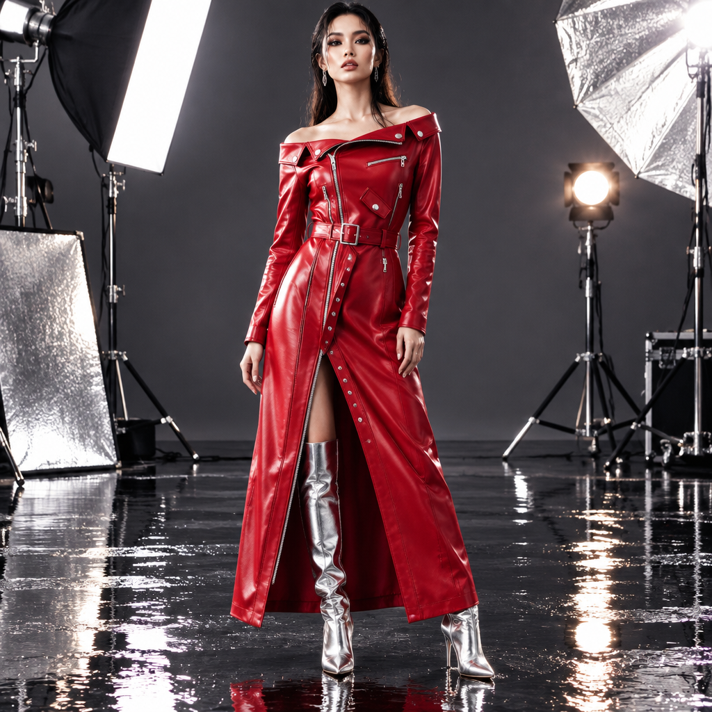 Spring Autumn Maxi Dresses for Women Slash Neck Red Black PU Leather Dress Women Long Sleeve Runway Elegant Dress