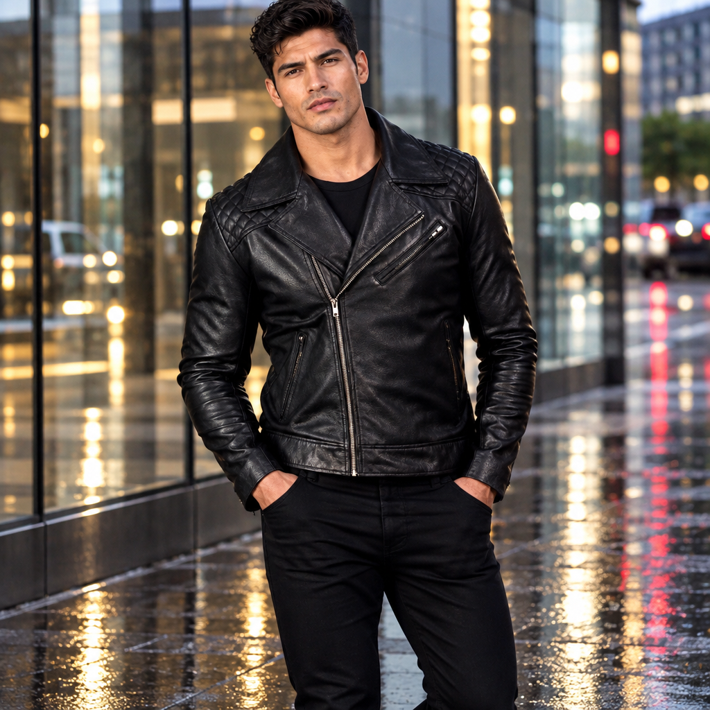 Mens Real Black Leather Jacket Asymmetrical Zip Quilted Shoulder Zip Pockets Sheepskin Biker Coat Custom Vintage Winter Outer