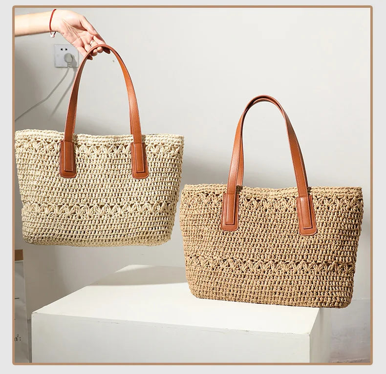 Summer Women's Large Capacity Tote Pouch Casual Handmade Beach Handbags with Soft PU Handle and Chain Decoration for Holidays