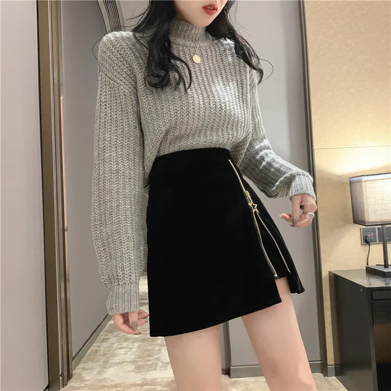 FairyShely Black Mini Skirt Women 2025 Velvet Short Pencil Skirt Korean Ladies Sexy Office Wear High Waist Skirts Zipper Faldas