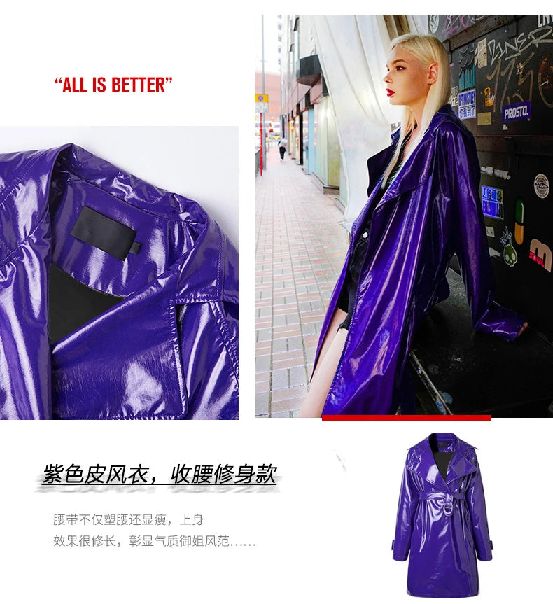 Nerazzurri Spring Autumn Purple Shiny Womens Patent Leather trench coat belt raglan sleeve Oversized soft runway long Overcoat