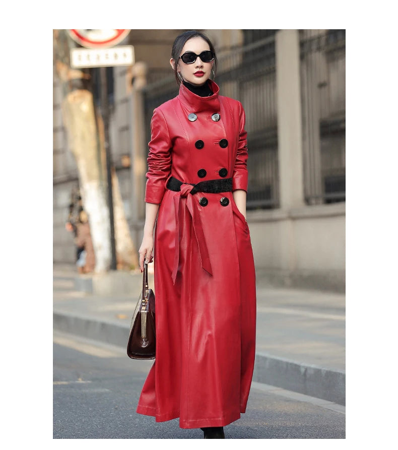 Nerazzurri Autumn Maxi Red Pu Leather Trench Coat for Women Long Sleeve Belt Double Breasted Elegant Luxury Runway Fashion 2023