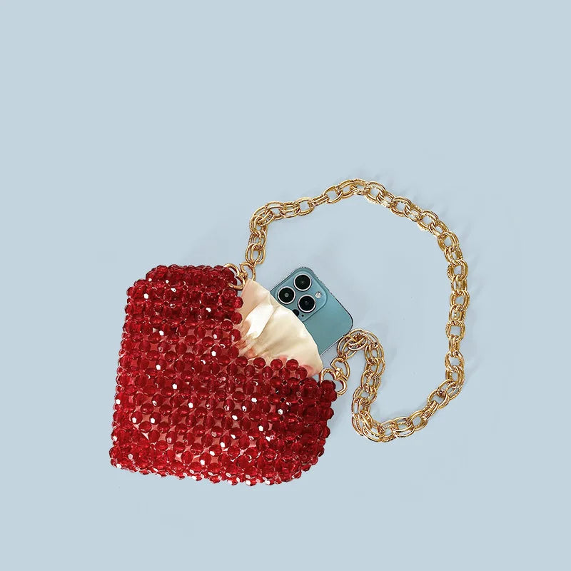 New French Casual Socialite Temperament Love Heart Jelly Beads Crossbody Bag High-end Bead Woven Red Heart-shaped Acrylic Bag