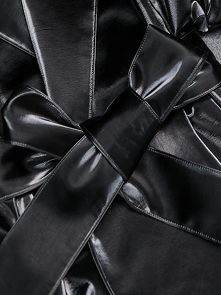 Shiny Patent Leather Turn-Down Collar Trench Coat with Belt for Women, Gothic Faux Latex, PU Long Sleeve Overcoat, Winter Custom