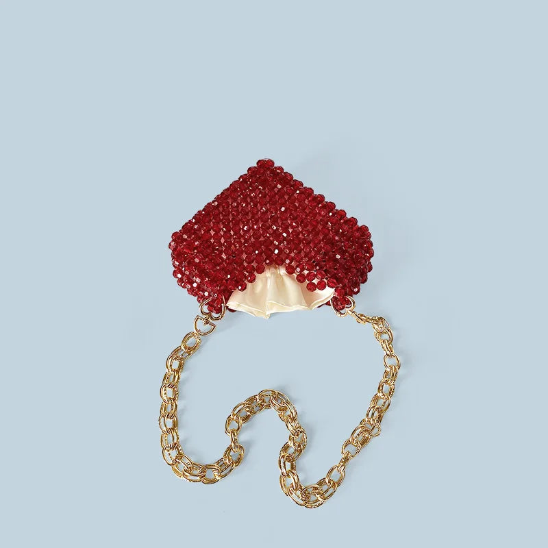 New French Casual Socialite Temperament Love Heart Jelly Beads Crossbody Bag High-end Bead Woven Red Heart-shaped Acrylic Bag