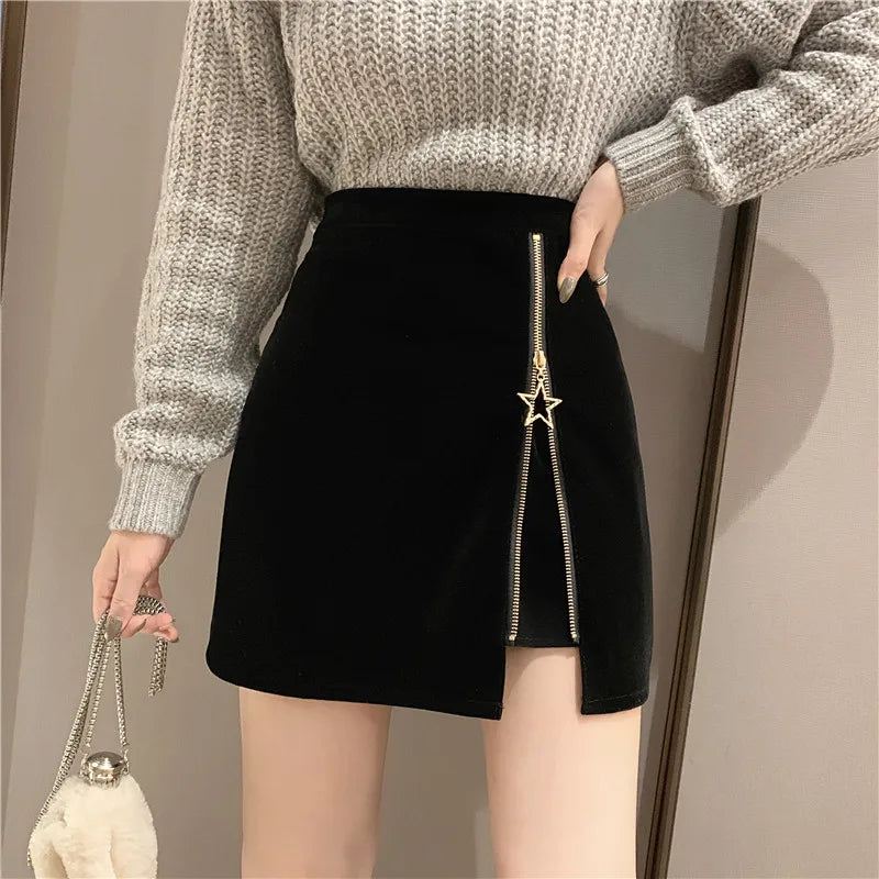 FairyShely Black Mini Skirt Women 2025 Velvet Short Pencil Skirt Korean Ladies Sexy Office Wear High Waist Skirts Zipper Faldas