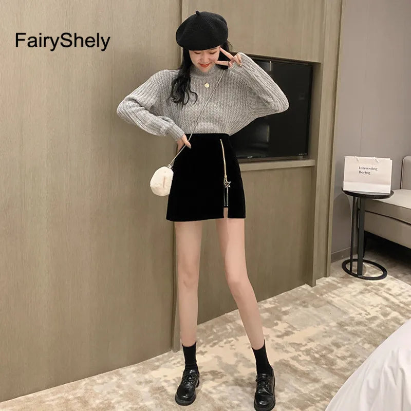 FairyShely Black Mini Skirt Women 2025 Velvet Short Pencil Skirt Korean Ladies Sexy Office Wear High Waist Skirts Zipper Faldas