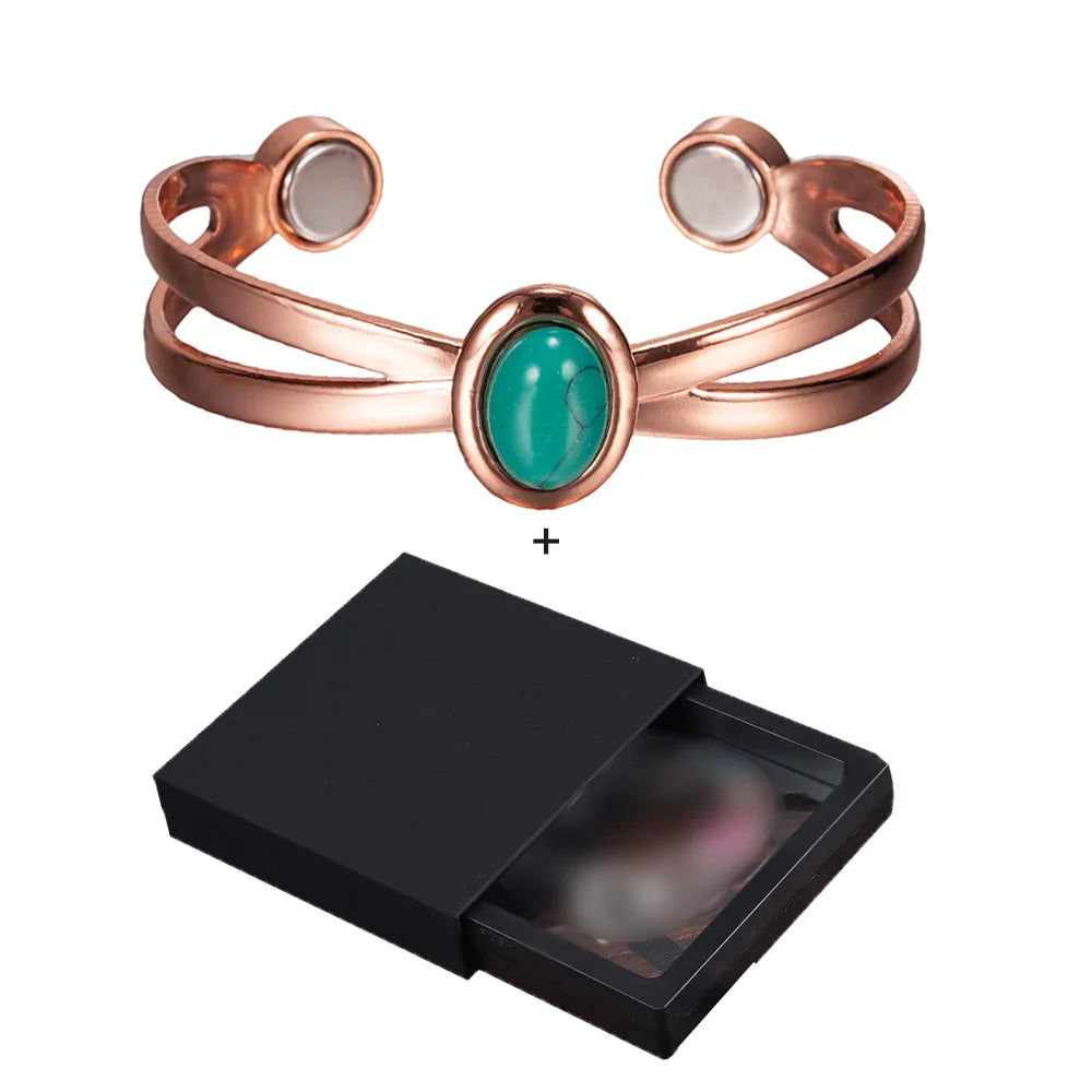 Magnetic Copper Bracelets for Women Blue Stone Adjustable Cuff Copper Magnetic Bracelet Arthritis Cross Healing Energy Bangle