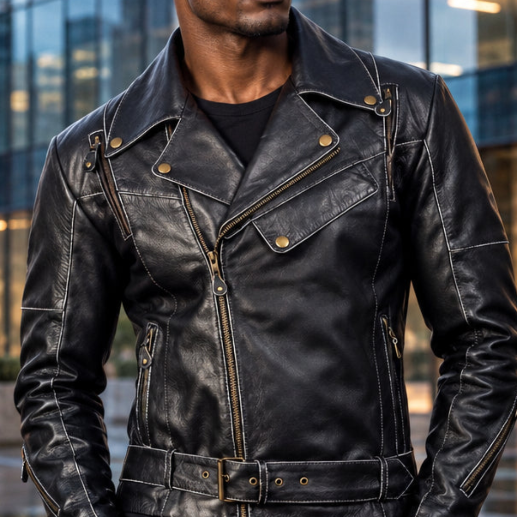 Mens Real Black Leather Jacket Asymmetrical Zip White Stitch Belted Waist Sheepskin Biker Coat Custom Vintage Winter Outerwear