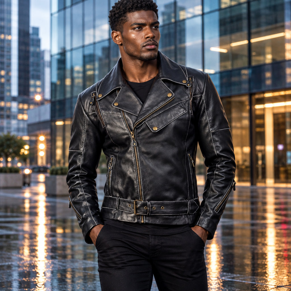 Mens Real Black Leather Jacket Asymmetrical Zip White Stitch Belted Waist Sheepskin Biker Coat Custom Vintage Winter Outerwear