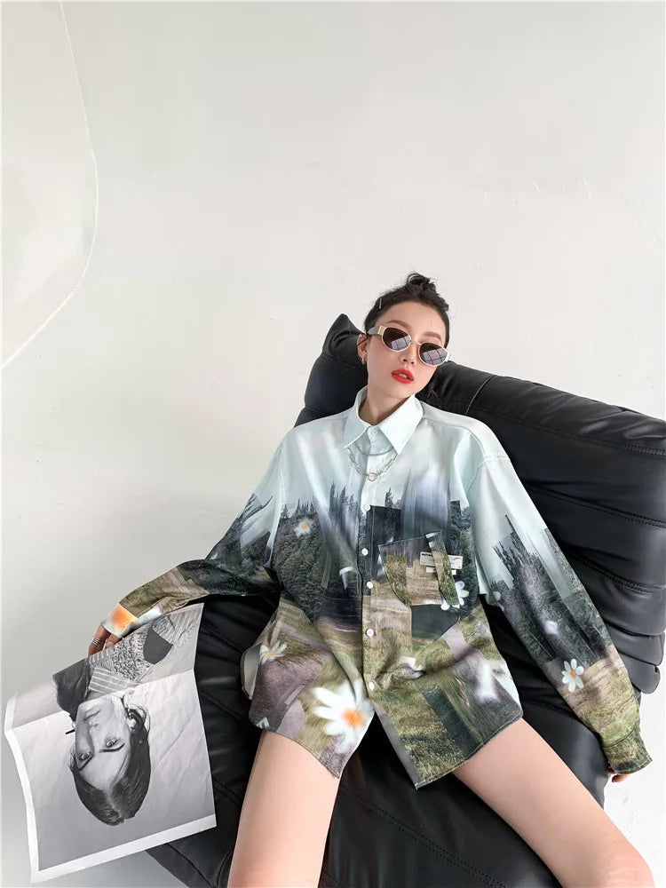 Oversized Women Blouses oil Printing shirts Harajuku Tops Long Sleeve Couple's Streetwear Blusas Mujer