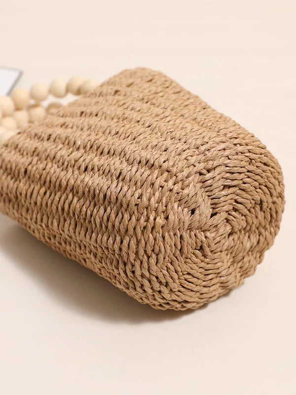 Boho 2026 New Handmade Beaded Handle Straw Woven Rattan Bucket Bag Large Capacity Soft Women's Travel Handbag