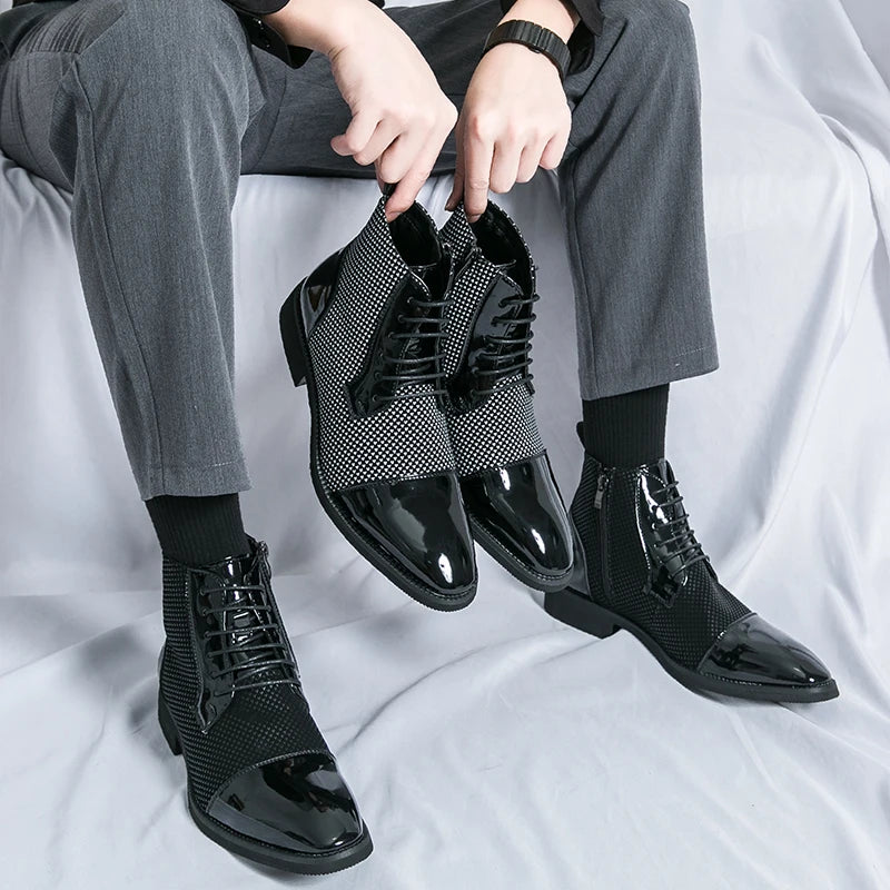 Lace-up Thickened for Warmth Men's Leather Boots High-Top Oxfords Breathable Anti-Slip Lightweight Office Shoes
