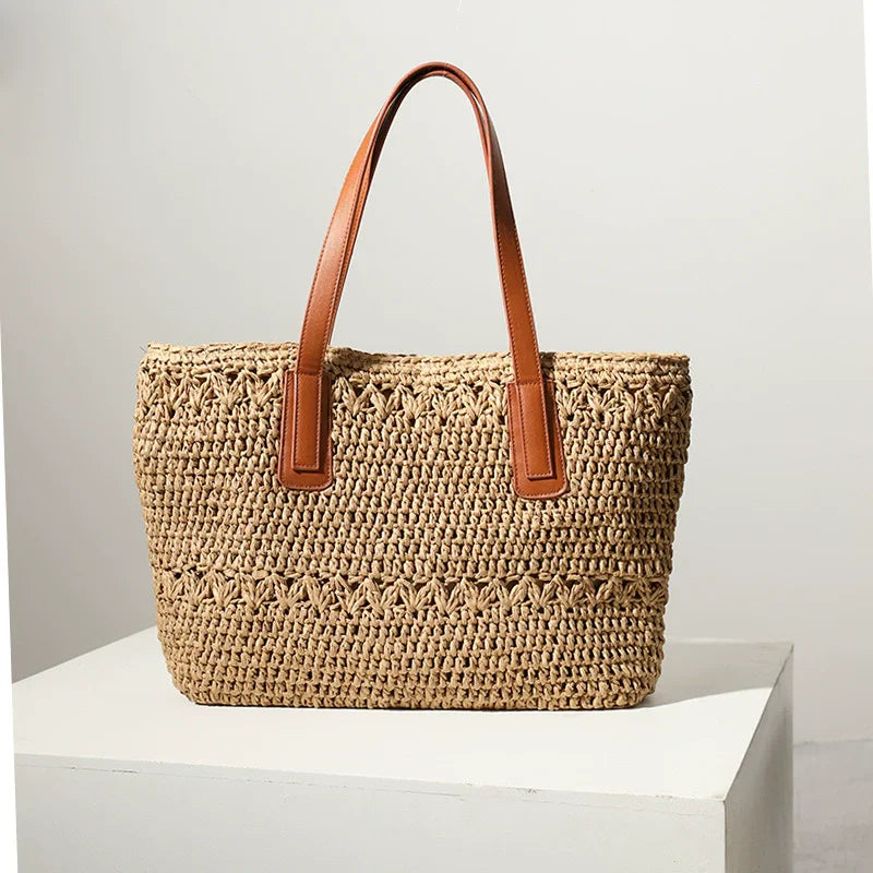 Summer Women's Large Capacity Tote Pouch Casual Handmade Beach Handbags with Soft PU Handle and Chain Decoration for Holidays