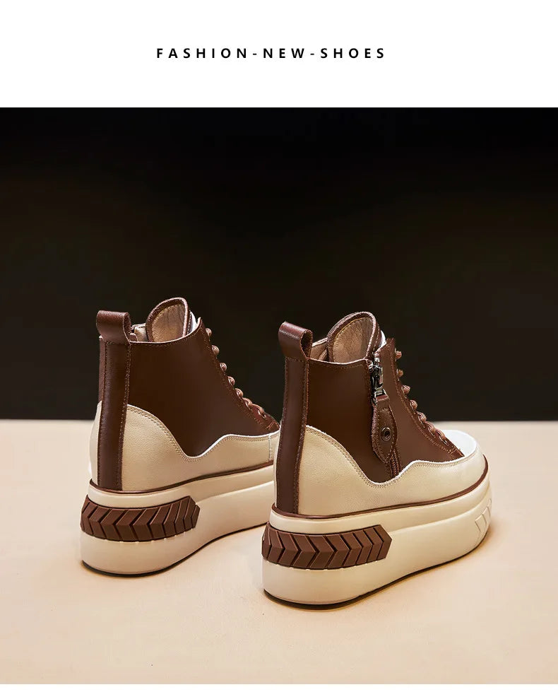 High Top Women Shoes Genuine Leather 8cm Platform Boots Ankle Wedge Hidden Heel Zip Autumn Warm Fur Winter Shoes Sneakers