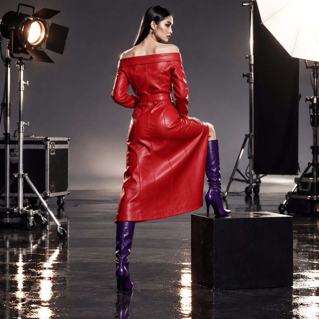 Spring Autumn Maxi Dresses for Women Slash Neck Red Black PU Leather Dress Women Long Sleeve Runway Elegant Dress